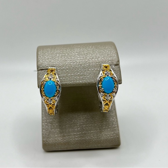 Gems en Vogue Sleeping Beauty Turquoise & White Sapphire Hoop Earrings - Picture 1 of 5